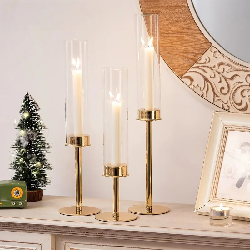 AliExpress - 3er-Pack Gold-Silber Hurricane-Kerzenhalter mit Abnehmbarem Glasschirm und Gewichtetem Sockel, Stabkerzenständer für Hochzeits- und 