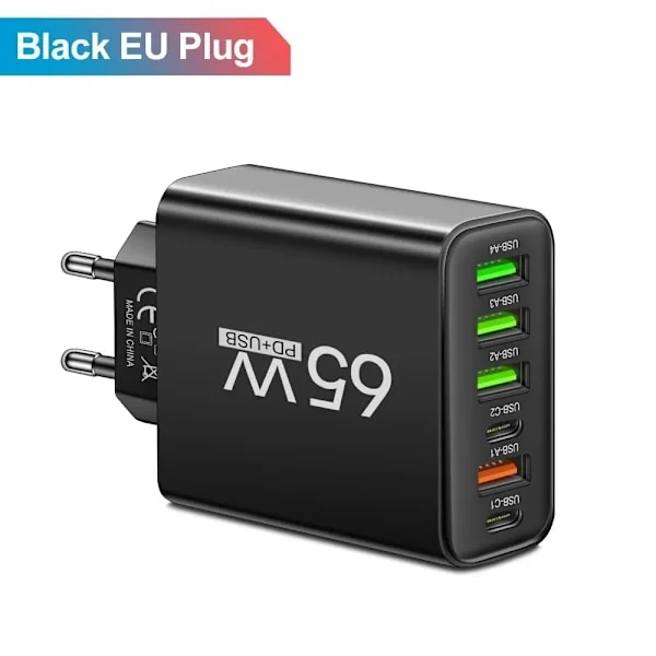 PD 65W USB-lader Hurtiglader 6 porter Type C Mobillader For Kompatibel med iPhone 16 15 Pro Max Xiaomi Huawei Kompatibel med Samsung Hurtiglader