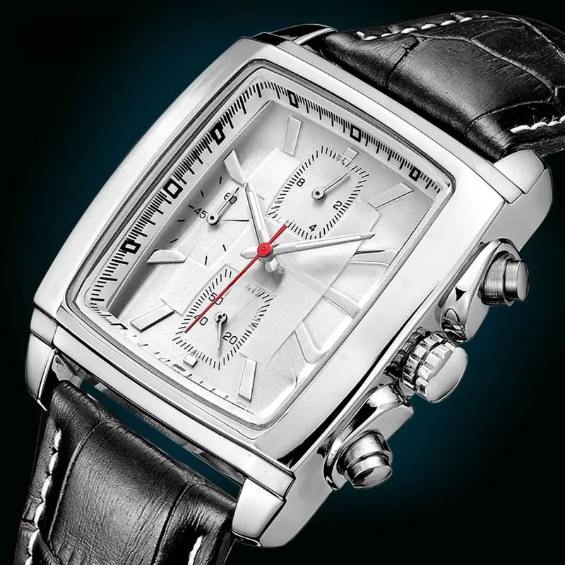 AliExpress - Megir cadran rectangulaire bracelet en cuir Montre pour hommes décontracté bleu chronographe montres à Quartz homme Montre-bracelet 