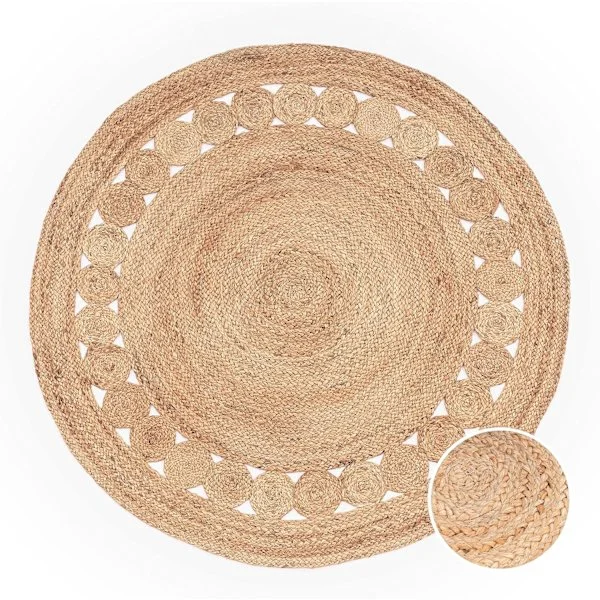 Rund Matta Vardagsrum Jute Etniskt Mönster Boho Modern Handgjord Naturlig Matta, Storlek: 80 cm Rund, Färg: Natur