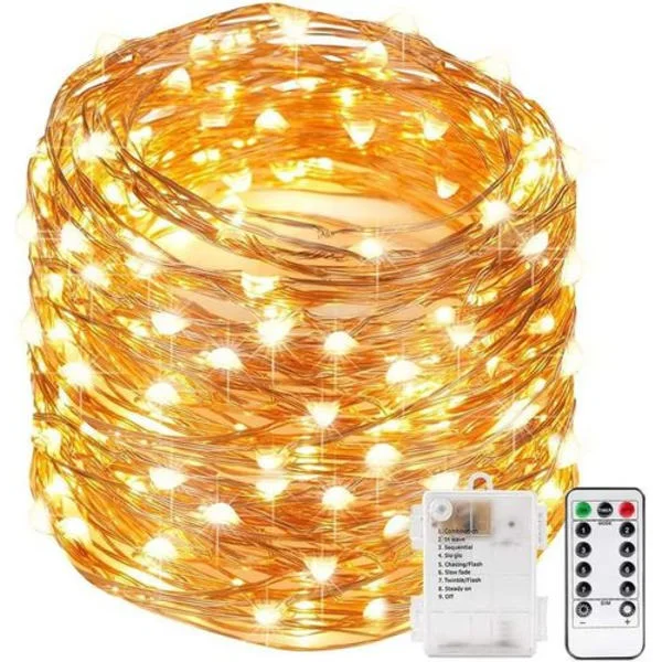 10M 100 LED Ljusslinga med Fjärrkontroll och Timer 8 Lägen Dimbar Batteridriven