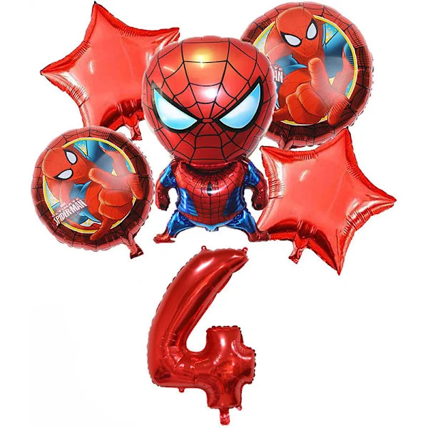 6 stk. Superhelt Spiderman 4. fødselsdagspynt Rød Nummer 4 Ballon 32 tommer | Spiderman fødselsdagspynt (Spiderman 4. fødselsdag)