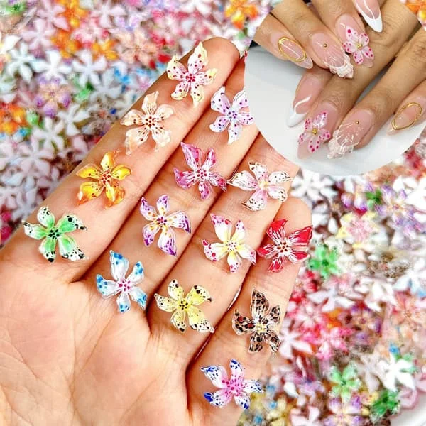 60 stk. Blomster Negle Charms og Ædelstene 3D Hawaii Blomster Negle Rhinestones Blandet Farve Hibiscus Blomster Negle Kunst Charms Flad Bagside Resin 