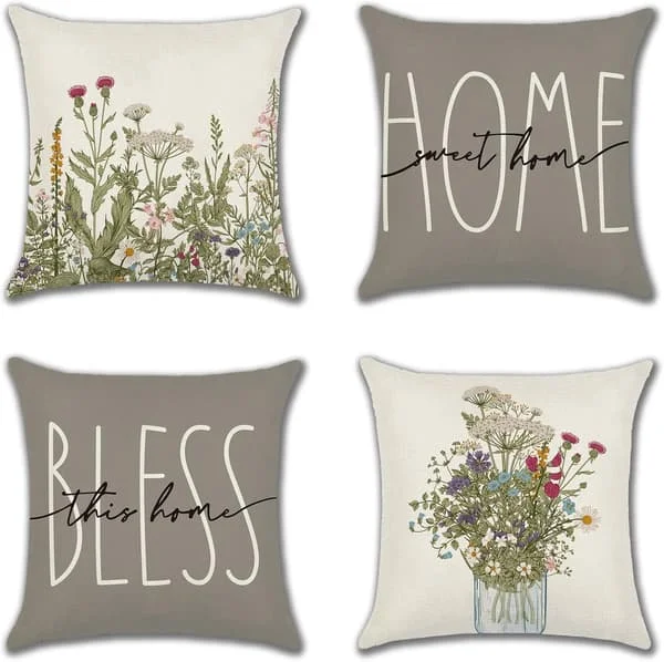 Sæt med 4 blomstrede pyntepudebetræk 45x45 cm sommer dekorative firkantede pudebetræk sofa farverige blomster pudebetræk