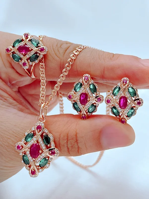 AliExpress - Kinel Heißer 585 Rose Gold Farbe Ethnische Vintage-Schmuck Sets für Frauen Grün Mit Rot Natürlichen Zirkon Zubehör 3 stücke schmuck Sets