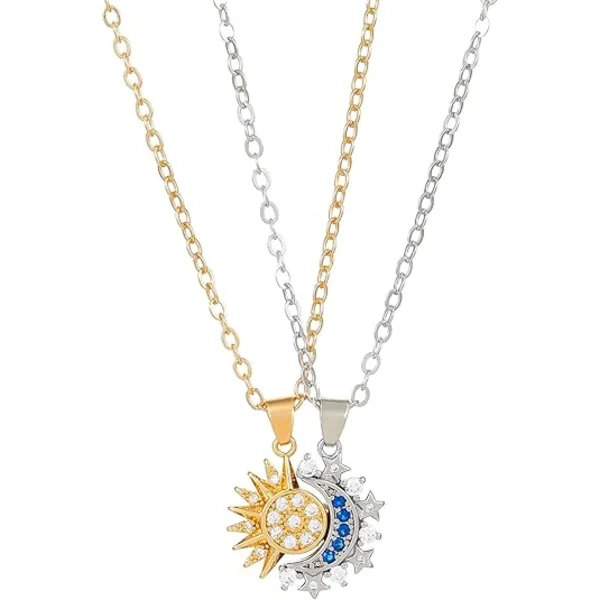 Sol Måne Halskæde Sæt Stabelbar Halskæde til Kvinder Mænd Gnistrende Guld Sølv Rhinestone Sol Vedhæng Halskæde Par Halskæder Matchende Halskæder