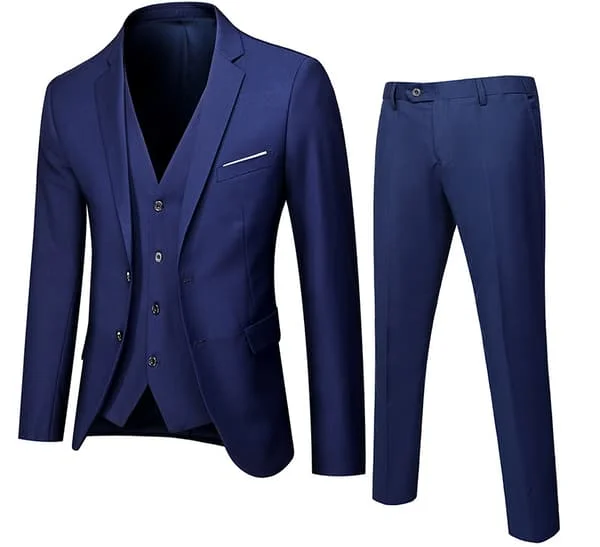 Herre 3-delt Slim Fit Jakkesæt, Ensfarvet Jakke Vest Bukser Navy blå