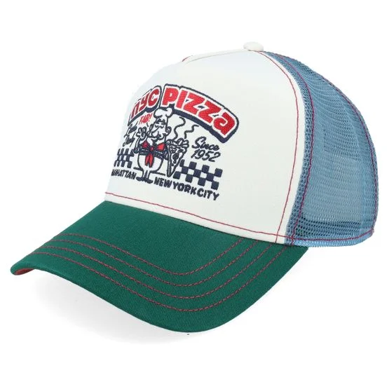 JJ Hats - White trucker Caps - NYC Pizza White/Light Blue/Green A-Frame Trucker @ Hatstore