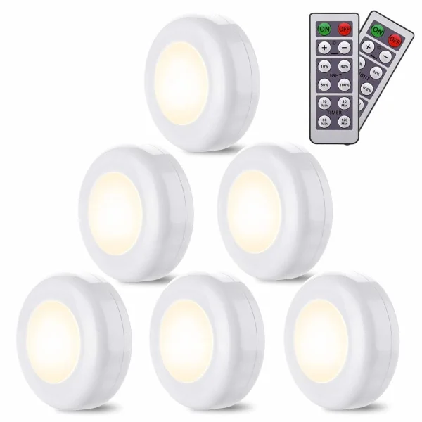 6-pakning LED-lamper Trådløse Varmhvite 4000k Dimbar LED Nattlampe Batteridrevet og Fjernkontroll LED Spotlight Belysning for Kjøkken Soverom