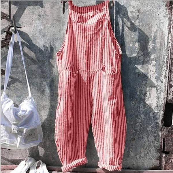 Women's Cotton Linen Striped Jumpsuit Overalls Playsuit Red Red Red M M Red