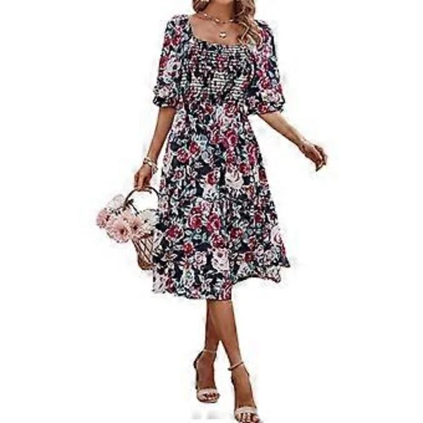 Kesän naisten nelikulmainen kaula-aukko röyhelöinen kukkamekko Boho Off Shoulder laskeutuva midi-mekko kukka musta 3XL