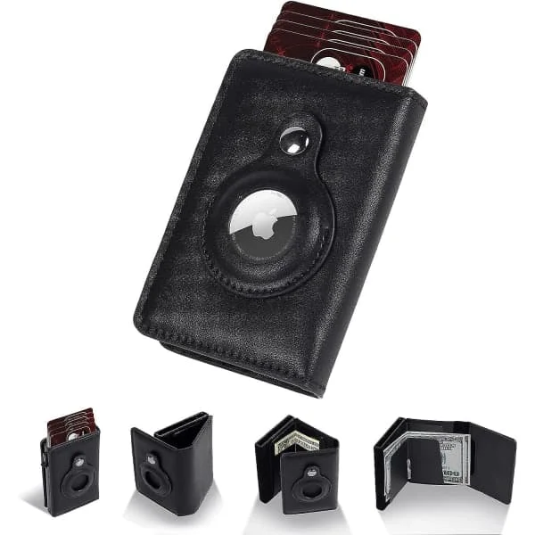 Leather Wallet with Airtag, Slim Pop Up Wallet for Apple Airtag (airtag not included) RFID Protected Card Holder for Men
