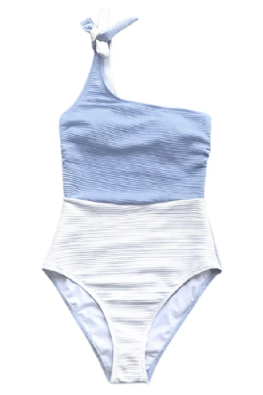 Damen Einteiler Badeanzug Colorblock One Shoulder Bow Badeanzug für tropische Ferien, Sommer (hellblau) XXL