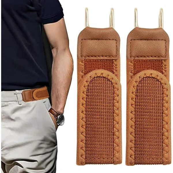 Velcro Waist 2-pack Elastic Buckle-Free Belt with Adjustable Metal Hook and Breathable Invisible Waistband for Trousers and Jeans Khaki