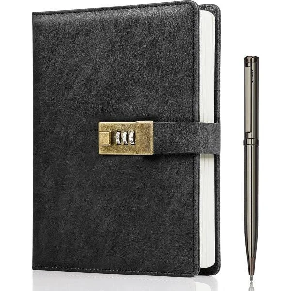 IC Dagbog med lås, A5 PU Læder Journal med lås 240 sider, Vintage Lås Journal Adgangskodebeskyttet notesbog med pen og, 21,8 x 14,7 cm{AZC}