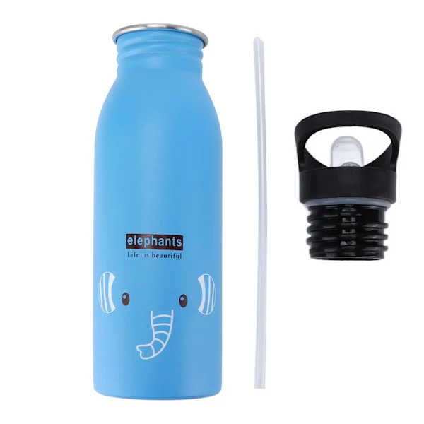 Stainless Steel Sports Water Bottle 500ml Cute Vacuum Insulated Water Bottle with Straw for Outdoor Sports Blue Elephant