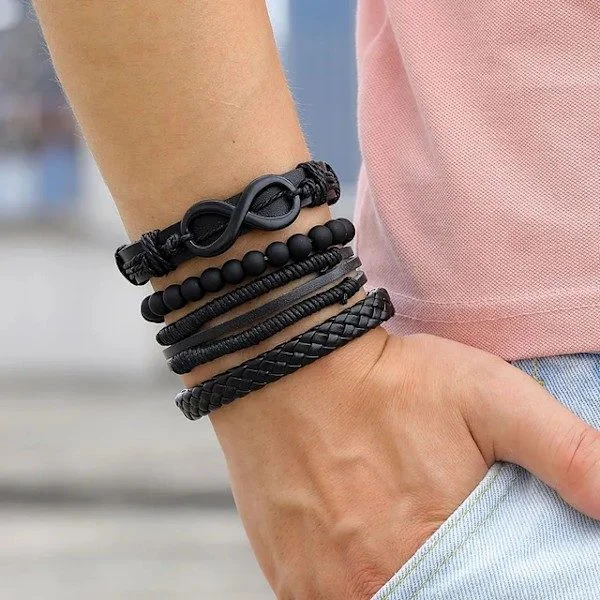 4-pack Handmade Bracelets Men's Leather Bracelets Black