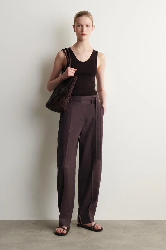 COS Belted Linen Barrel-Leg Trousers in Red - Women