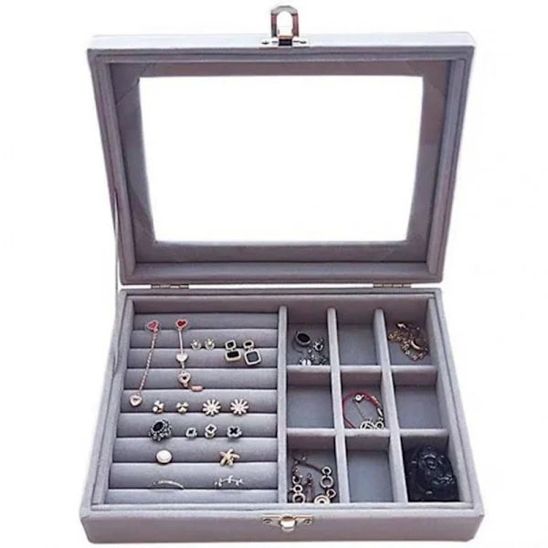 Sammets smyckeskrin, grå smyckeskrin med transparent glaslock, smyckeskrin förvaring för ringar, halsband, armband, örhängen