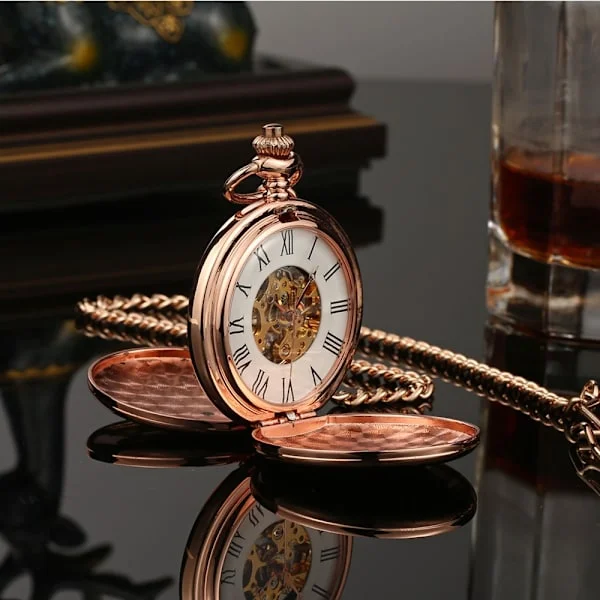 Pocket Watch with Chain, Vintage Classic Double Hunter Hollow Mechanical Pocket Watch, Engraved Roman Numerals Hand-wound Watch