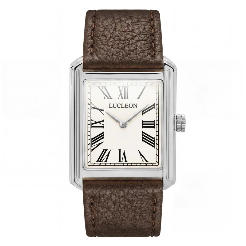 Legacy | Retro Squared Silver-tone Watch with Cream Roman Dial and Dark Brown Leather Strap for Men - Wrist watches