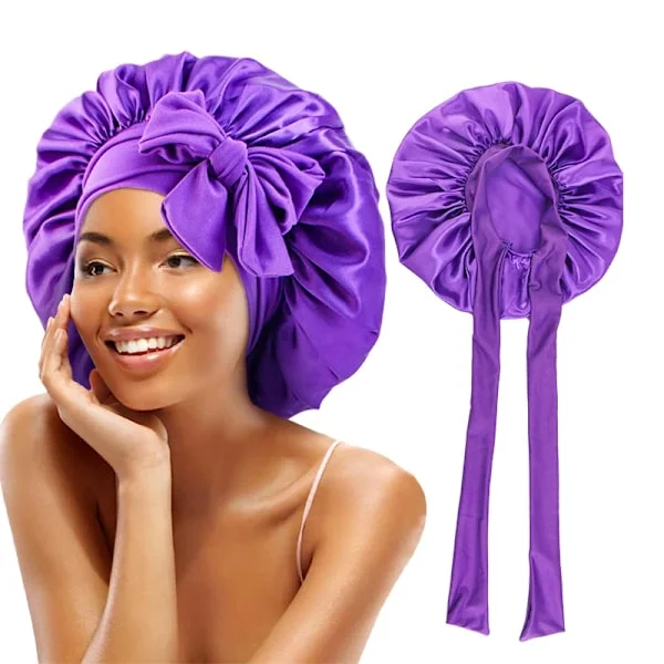 Satin Bonnet Silke Bonnet til Søvn Dobbeltlags Satinforing Hårmøsse med Bånd Bonnets til Kvinder Naturligt Krøllet Hår