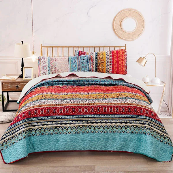 【YD】Bohemsk vattert sengeteppe dobbel 3-delt lappeteppe sengeteppe vendbart mykt mikrofiber sengetøy 220*240cm