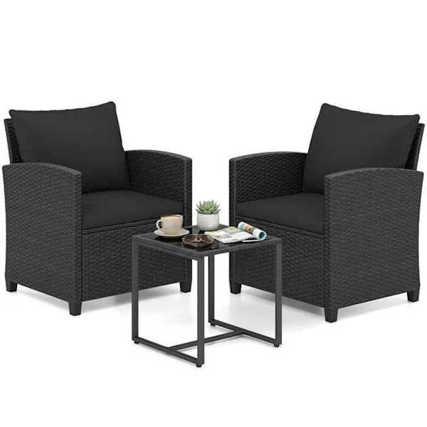 Sæt 3 PCS Havebord og Stole COSTWAY, 2 Rattan Stole i Sort PE, Tempereret Glasplade, Aftagelige Sorte Puder