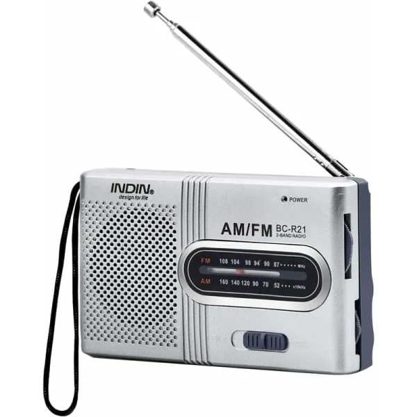 Bärbar radio liten radio Silver FM/AM (MW), extra stor inställningsratt, miniradio med inbyggd högtalare, batteridriven