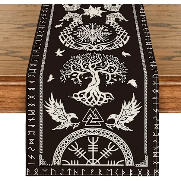 Black Viking Tree of Life Raven Terror Helmet Table Runner, Seasonal Kitchen Table Decoration for Home Party Decor 33x183cm