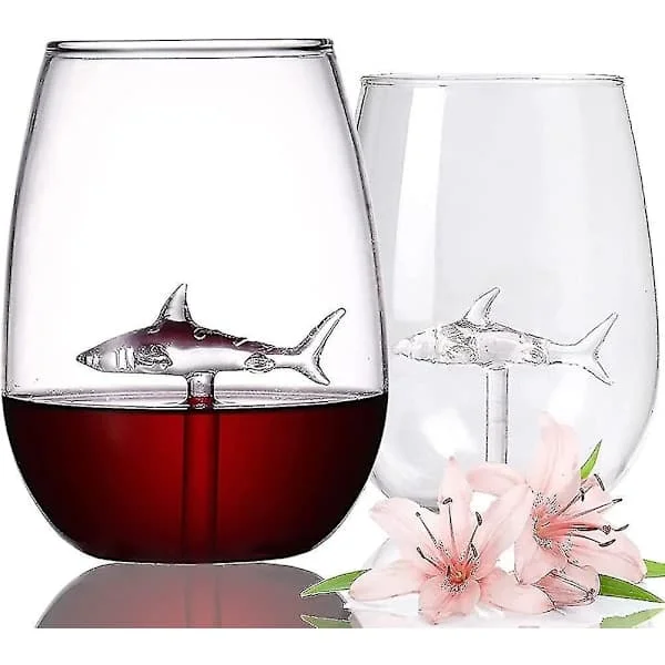 Set of 2 Stemless Wine Glasses in the Shape of a Shark, Crystal Glass with Acrylic Shark Inside