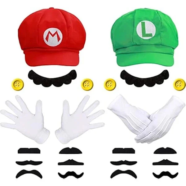 Super Mario Kostyme Luigi Hatt Mario Halloween Kostyme Caps Seler 4 Hansker 14 Bart 4 Knapper Cosplay Kostyme Karneval Barn Herre Dame