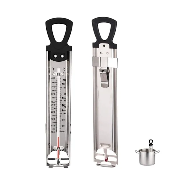 Termometer for godteri og frityr i rustfritt stål med gryteklemme og håndtak - Analogt sukkertermometer for godterilaging, syltetøy, sirup, olje, 