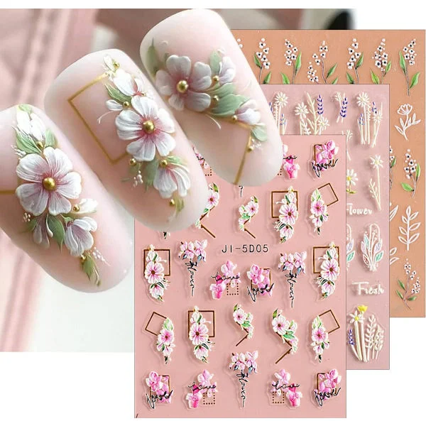 3D präglade blomblad nagelkonstklistermärken dekaler 3 ark självhäftande sommarblommor nageltillbehör nagelkonstdesign dekorationstillbehör