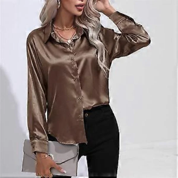 Vår Høst Sateng Bluse Imitert Silke Langermet Skjorte for Dame Plus Size Løse Topper (L mørk khaki)