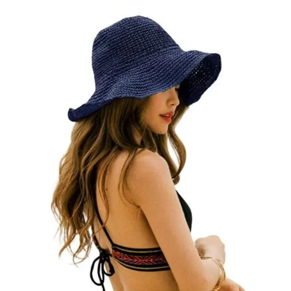 Foldbar stråhat til kvinder, foldbar bred stråhat - Sommer & Strand, Dame solhat til sommeren 57-59 cm blå