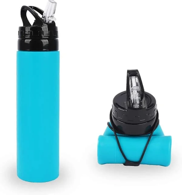 Kokoontaittuva silikoninen vesipullo, 600 ml, tiivis, taitettava vesipullo, BPA-vapaa silikoninen urheilujuomapullo (sininen)