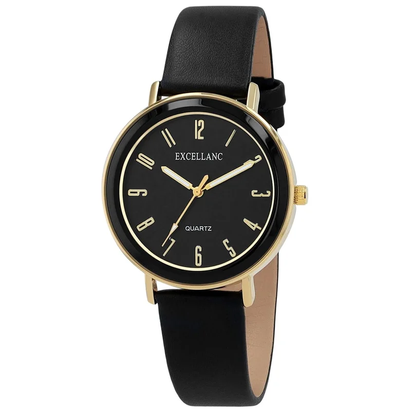 Excellanc Dameklokke med reim i kunstskinn / Armbåndsur / Klokke – Svart/gull