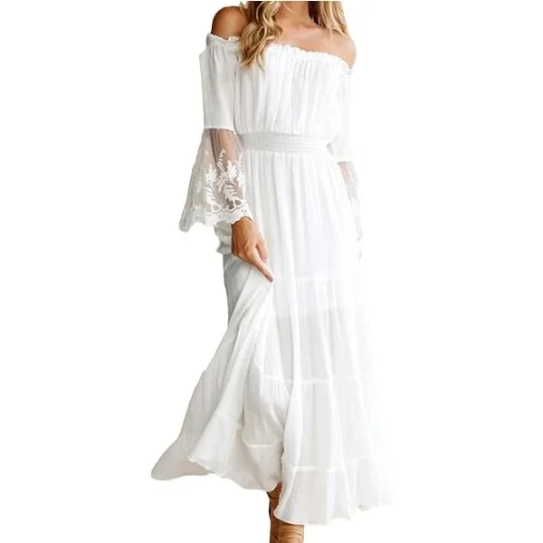 Dame Maxi Lang Kjole Off Shoulder Blonde Flare Ærme Elegant Festkjole Boho Kjole Hvid/Sort