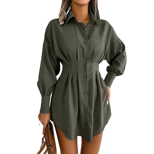 Polyester Mini Kjol Klänning Plisserad Midja Asymmetrisk Cape Krage Knäppning Olivgrön