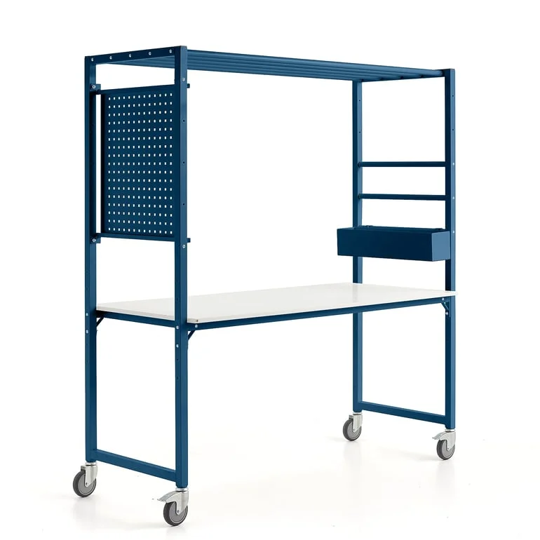 Mobile multi-table TEAMWORK, accessory box, tool panel, blue/white