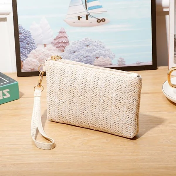 Dame PE Strå Håndveske Tote Vevd Strå Clutch Veske Damer Sommer Veske Strand Ferie Veske Hvitaktig