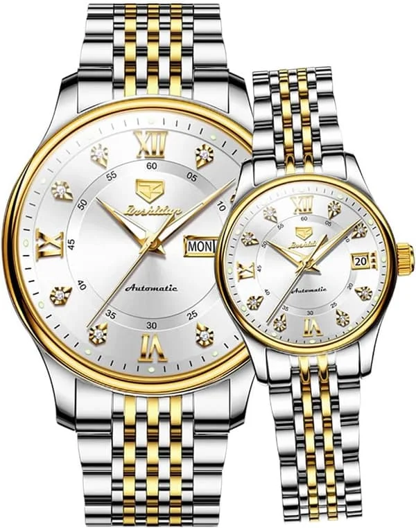 Valentine's Day Automatic Watches for Couples His and Hers Diamond Watch Set Men and Women Lovers Wedding Romantic Gift Set of 2