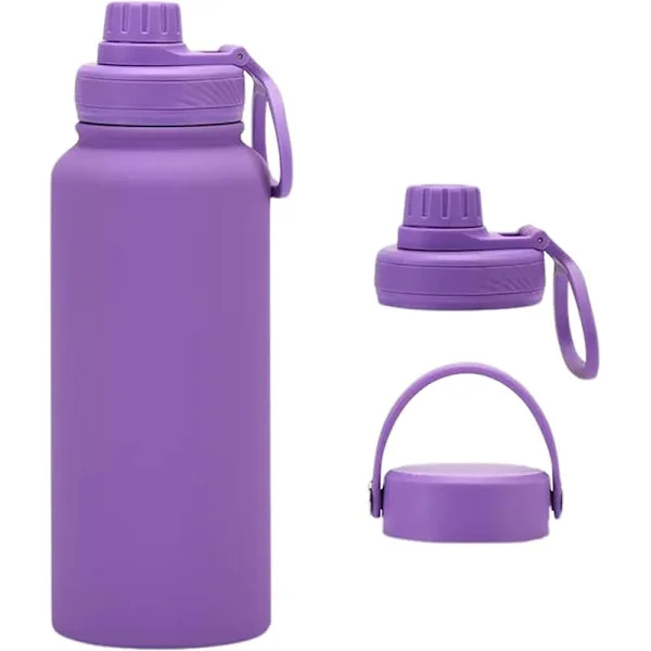 32 oz isolert vannflaske, stor kapasitet 1 liter vannflaske i rustfritt stål med 2 lokk Lilla