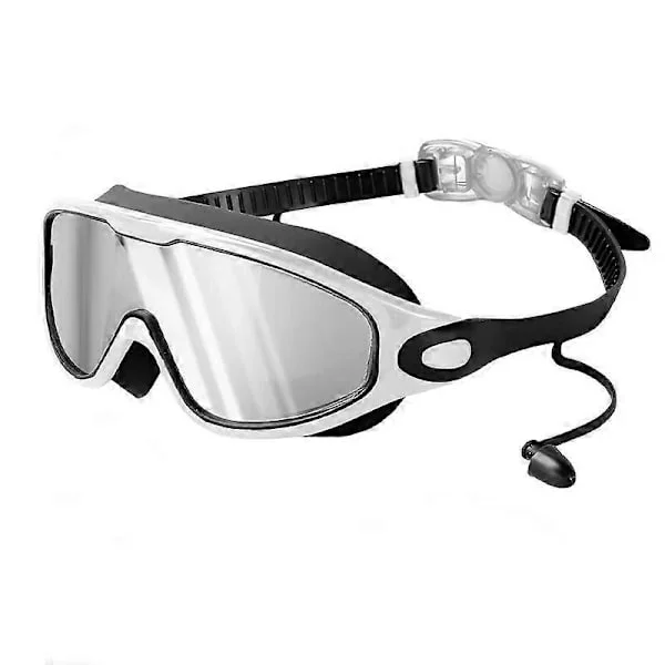 Adult Swimming Goggles with Large Frame, HD Waterproof and Anti-Fog Swim Goggles for Men and Women (All Black and White Silver Plated)