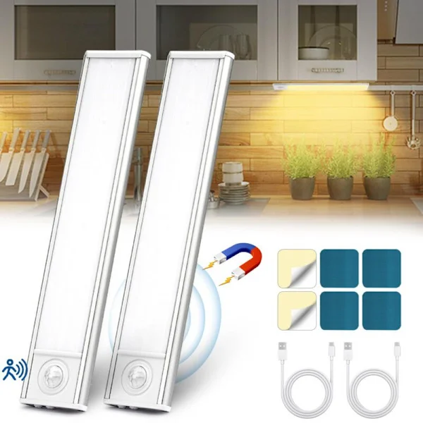 LED Kjøkkenlys, Trådløst USB Oppladbart Skaplys, 6000K LED Kjøkkenbelysning Under Skap, Magnetisk Dimbar med Sensor (20cm 2 stk)