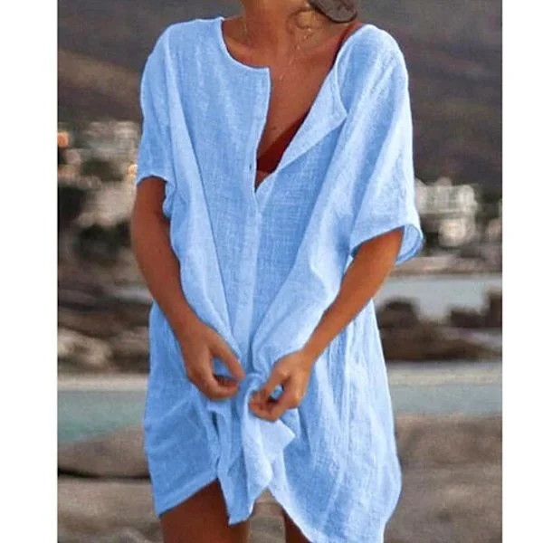 Dame Oversize Bomulds T-shirt Strandkjole, Bikini Cover Up Med Rund Halsudskæring, Knaplukning