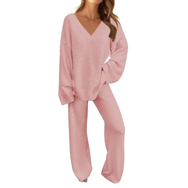 Dame 2-delt sæt Fuzz Fleece Pyjamas Sæt Langærmet Loungewear Rosa Pink M