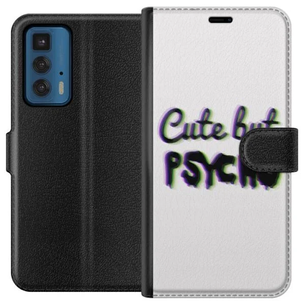 Kompatibelt Plånboksfodral till Motorola Edge 20 Pro Lekfullt textdesign med uttrycket "Söt men psyko" i förvrängd typografi och färg effekt.