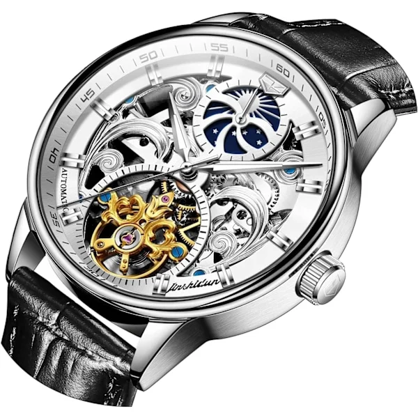 Miesten skeleton-kello Ylellinen musta nahkainen hopea kulta Tourbillon Kuun vaihe automaattinen mekaaninen itsestään vetävä vedenpitävä valoisa 